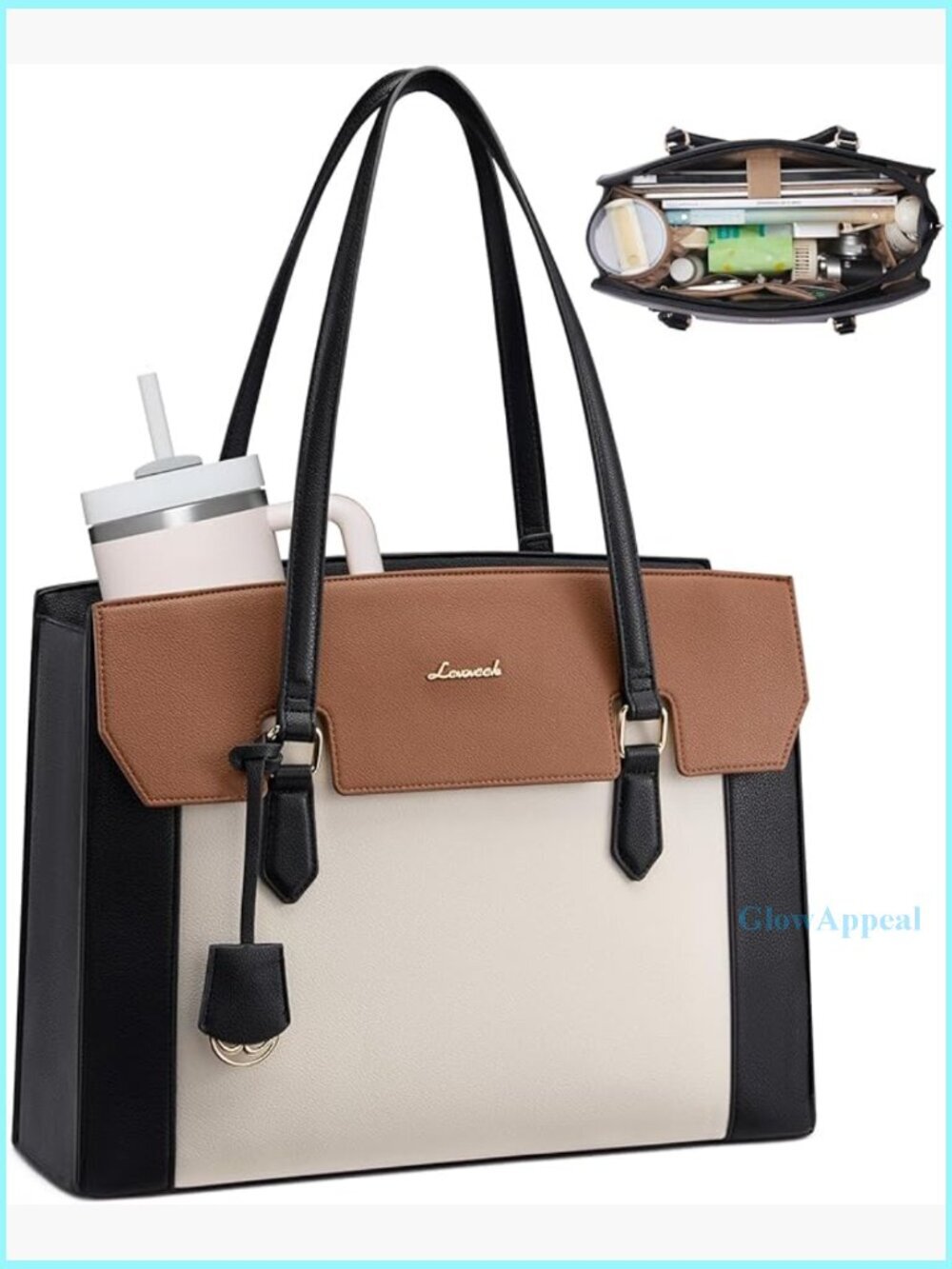 15.6 Inch Laptop Tote Bag with Large Cup Holder, Waterproof PU Leather Briefcase